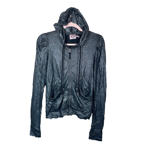 Juicy Couture Black Metallic Wet Look Zip Up Hoodie Jacket Size M Lightweight - Picture 1 of 14